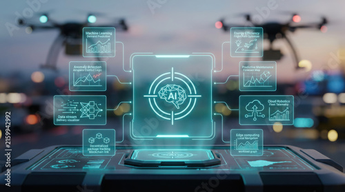 Close-up of a futuristic holographic AI interface for drone delivery dispatch, featuring data analytics, machine learning, and fleet telemetry over a high-tech control panel