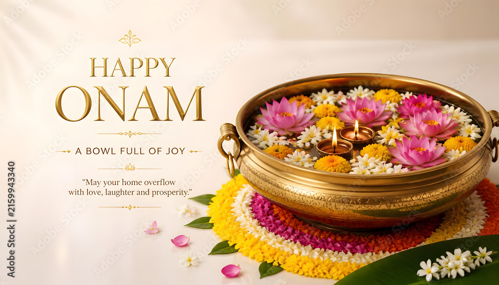 Naklejka premium Onam celebration with traditional brass Uruli filled with pink lotus, jasmine flowers and glowing diyas symbolizing home prosperity illustration background design