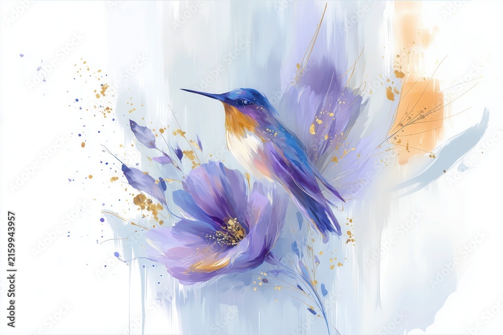 Naklejka premium Watercolor illustration of hummingbird with purple flower and golden accents in soft flowing composition, isolated on a white background