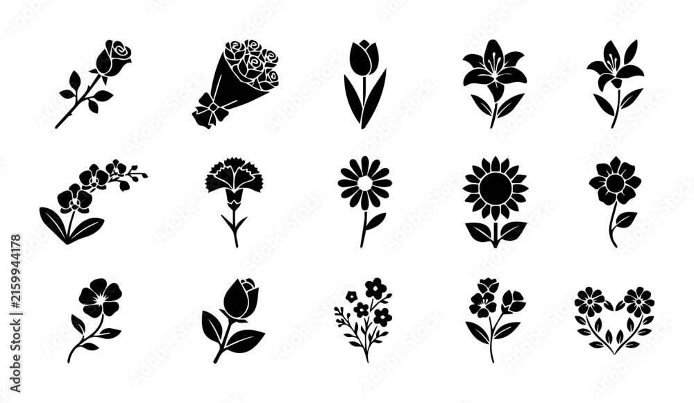 Fototapeta premium Elegant Floral Icons Set, Botanical Vector Graphics, Delicate Flower Illustrations, Romantic Rose and Tulip Designs, Nature Elements for Design
