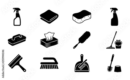 Household Cleaning Supplies Icons Set, Vector Graphics for Home Maintenance and Hygiene, Black and White Tools Collection
