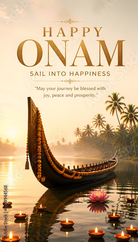Onam celebration with decorated Chundan Vallam snake boat bow, glowing oil lamps and serene Kerala backwaters in golden morning light illustration background design