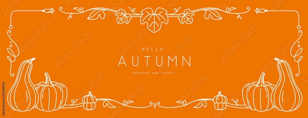 Fototapeta premium Seasonal autumn modern frame or holiday greeting card on orange background with pumpkins and floral elements. Line art vector illustration