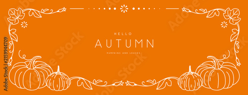 Seasonal autumn modern frame or holiday greeting card on orange background with pumpkins and floral elements. Line art vector illustration
