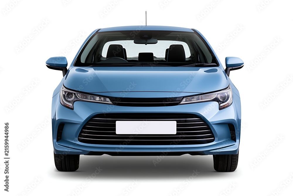 Fototapeta premium Front view of blue modern hatchback car isolated on white background