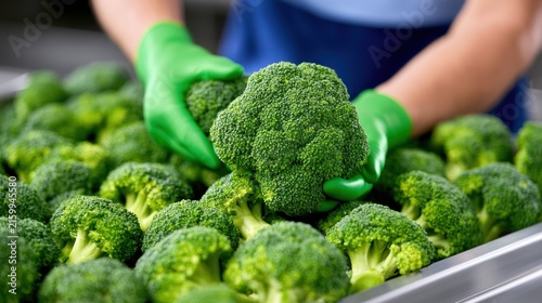 Fresh broccoli florets harvested and handled