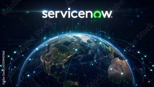 Global Network of Connections Centered on Earth with ServiceNow Logo

