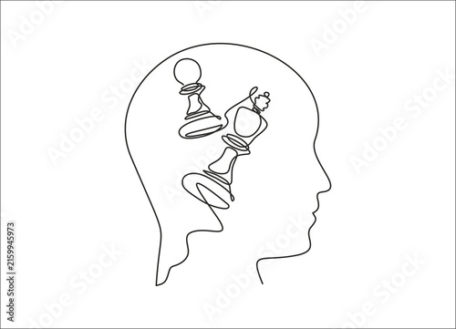 Single continuous line art of male profile with chess pawn defeating queen instead of brain, strategy and surprise concept, hand drawn illustration