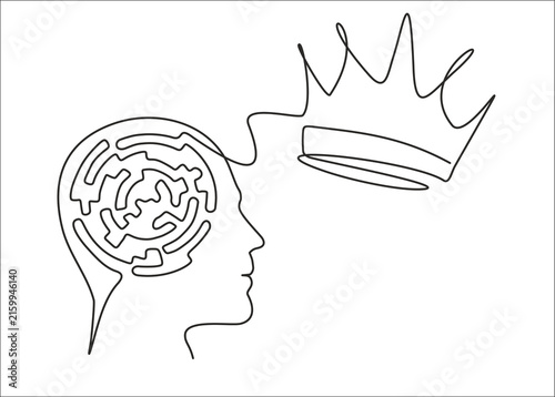 Single continuous line art of male profile with labyrinth instead of brain turning into a crown, path to greatness concept, hand drawn illustration