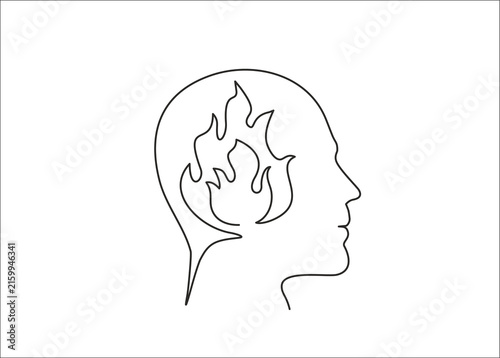 Single continuous line art of male profile with flame inside instead of brain, inner fire and passion concept, hand drawn illustration