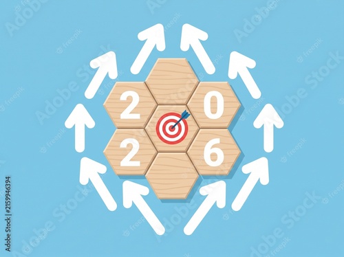 Business Concept for Year 2026 with Target Icon, Hexagonal Wooden Blocks, and White Arrows on Blue Background
