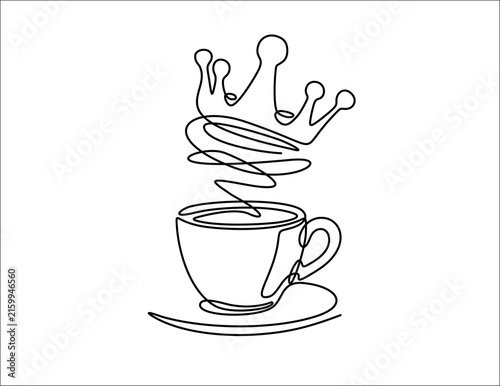 Single continuous line art of a coffee or tea cup with a crown above it, royal morning beverage concept, hand drawn illustration