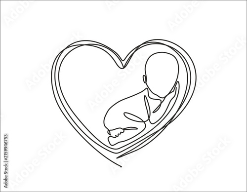 Single continuous line art of a heart with a sleeping baby inside and IVF symbol, new life and fertility concept, hand drawn illustration