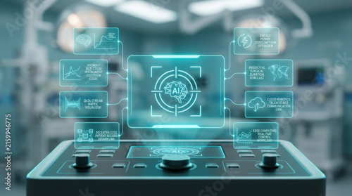 Close up of a high-tech surgical robotics control panel with a floating blue holographic AI interface showing medical data, graphs, and brain imaging in a blurred operating room