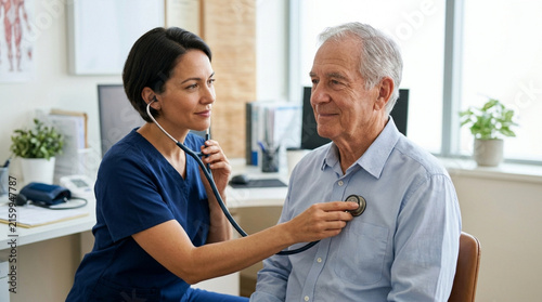 Doctor with stethoscope examining elderly patient's heart, medical check-up