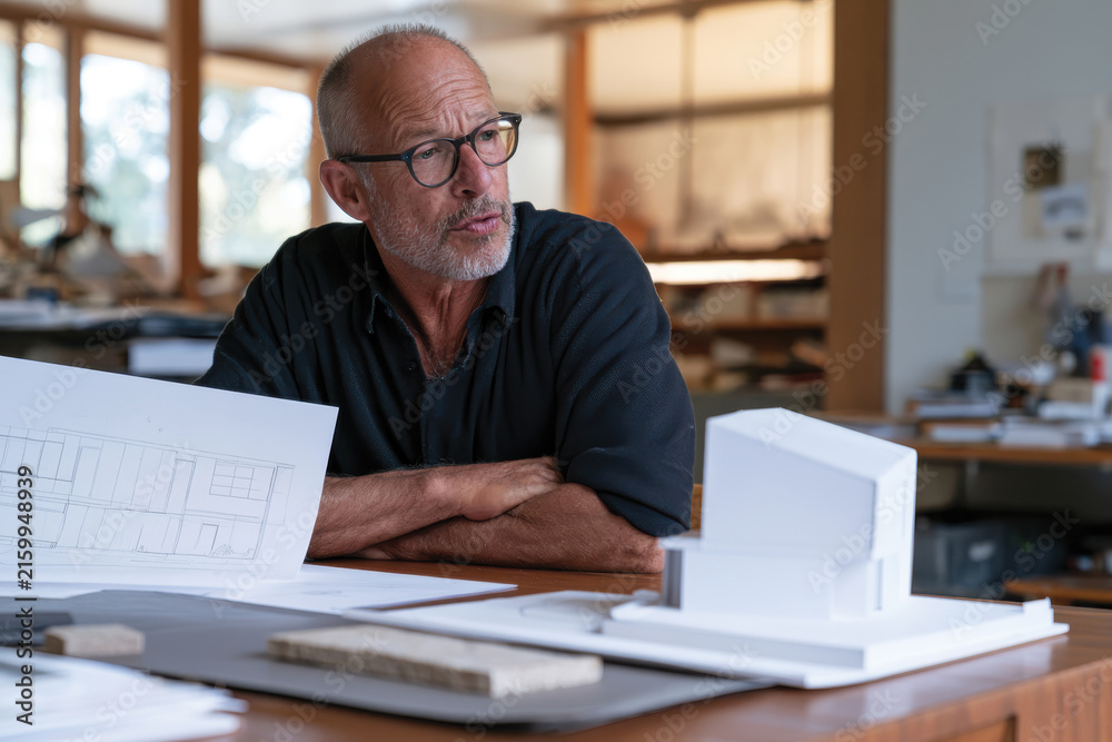 Fototapeta premium An architect is deeply engaged in discussing design plans in a modern studio, showcasing creativity and passion for architectural innovation.