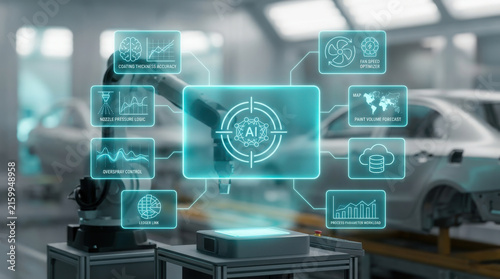 Photorealistic view of an AI-powered industrial robotic arm for car painting, featuring a futuristic cyan holographic interface for process optimization in a smart factory.
