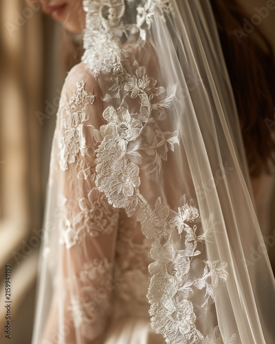 Close-up of delicate bridal veil trim with elegant lace details.
