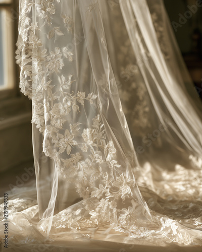 Close-up of delicate cathedral veil trim with floral embroidery.