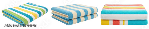 Foto Three folded beach towels with colorful stripes, isolated on white background