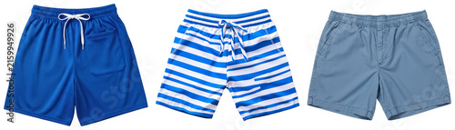 Konstfotografi Three pairs of shorts: blue athletic shorts, blue and white striped shorts, and light blue chino shorts, isolated on a white background