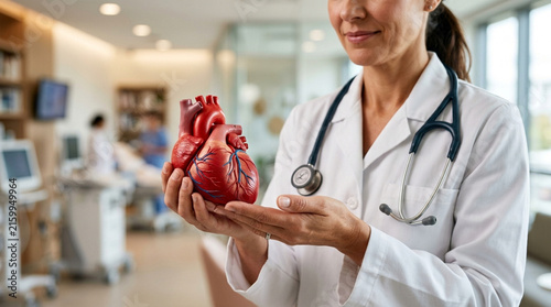 Doctor holding anatomical heart model in medical clinic