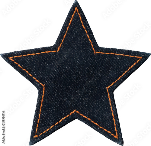 Dark blue denim star shaped patch featuring classic orange stitching, creating a vintage style textile embellishment, on a transparent background