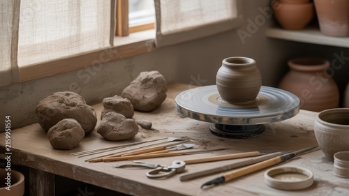 Obraz na płótnie Pottery Workshop with Clay and Tools