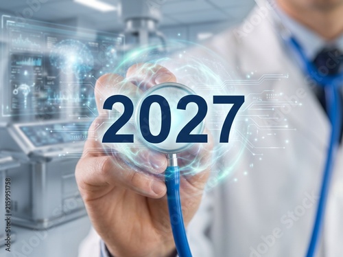 Doctor Holding Stethoscope with 2027 Year Number and Futuristic Digital Healthcare Interface Background