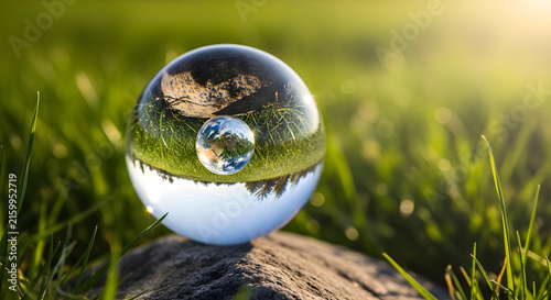 Crystal Glass Ball Reflecting A Beautiful Sunny Green Meadow Landscape On A Stone During A Peaceful Summer Afternoon In Nature