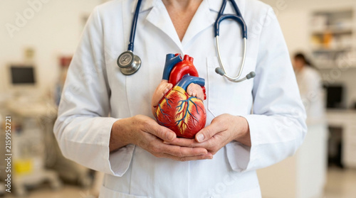 Doctor holding heart model, cardiology concept, medical care, stethoscope