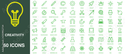 Creativity icon collection features green line art symbols for innovation, ideas, education, science, and artistic concepts.