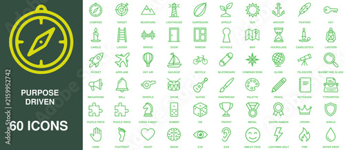Purpose driven icon set displays sixty linear green vector symbols for orientation, direction, goals, and navigation.