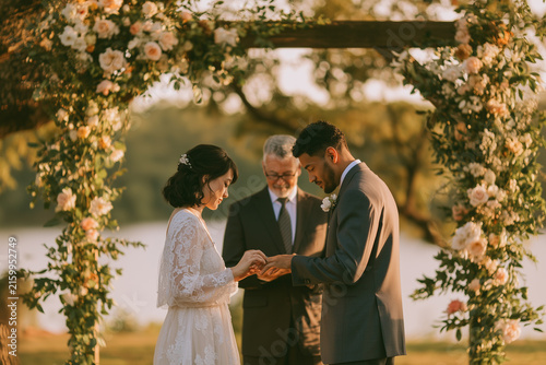 Multicultural couple exchanging vows during intimate ceremony.