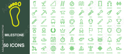 Milestone line icon set features sixty green linear vector symbols representing achievement, progress, and success.