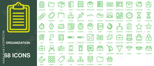 Organization line icon collection displays sixty-eight green vector symbols for project management, office workflow, and file structure.