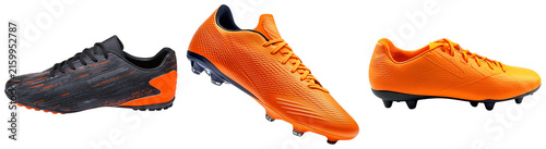 Quadro su tela Three soccer cleats, one black and orange, two bright orange, isolated on white