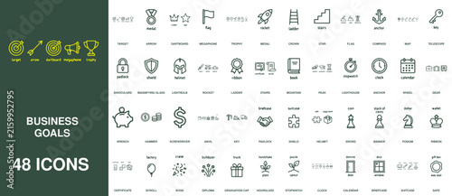 Business goals vector icon collection contains forty-eight minimal linear symbols for targets, achievement, and success.