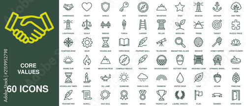 Core values vector icons set includes sixty linear symbols for trust, leadership, partnership, and ethics.