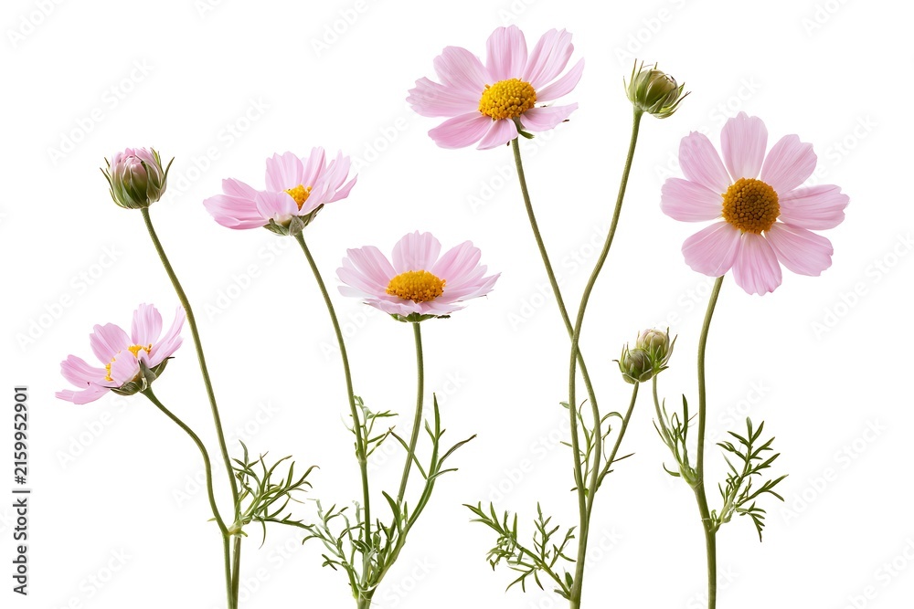 Fototapeta premium A collection of pink cosmos flowers with yellow centers and green stems isolated on white background
