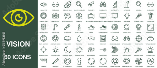 Vision icon set features sixty thin line vector symbols related to optics, eye health, and view concepts.