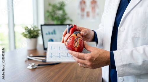 Doctor holding heart model, stethoscope, ECG, medical science, cardiology concept