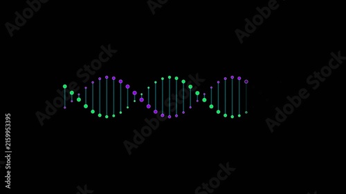 Glowing double helix DNA strand animating on black background