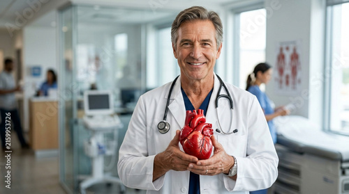 Doctor holding human heart model, medical research, healthcare, cardiology