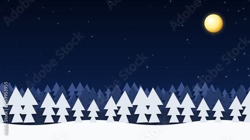 Papercut winter landscape with white pine trees under full moon