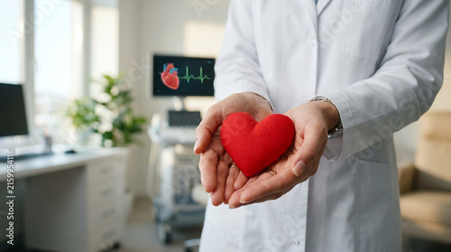Doctor holding red heart, cardiology, healthcare, medical examination, clinic interior