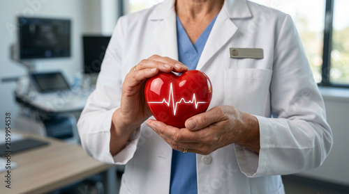 Doctor holds a red heart with ECG line, medical concept, healthcare, cardiology