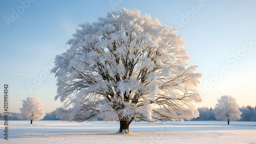 A majestic lone deciduous tree covered in thick white hoarfrost stands prominently in a vast peaceful snow covered winter landscape at sunrise