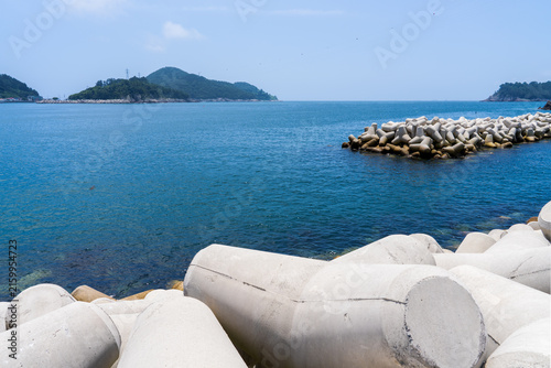 Concrete Tetrapod Breakwater Framing Calm Coastal Bay and Green Island