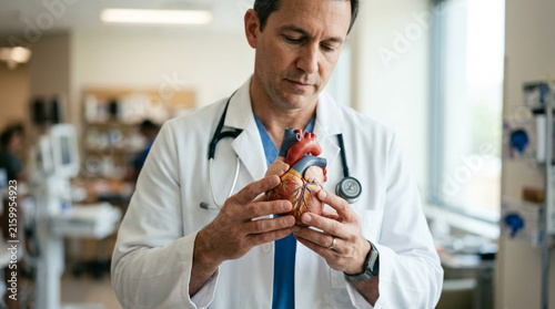 Doctor Holds Anatomical Heart Model in Modern Medical Clinic